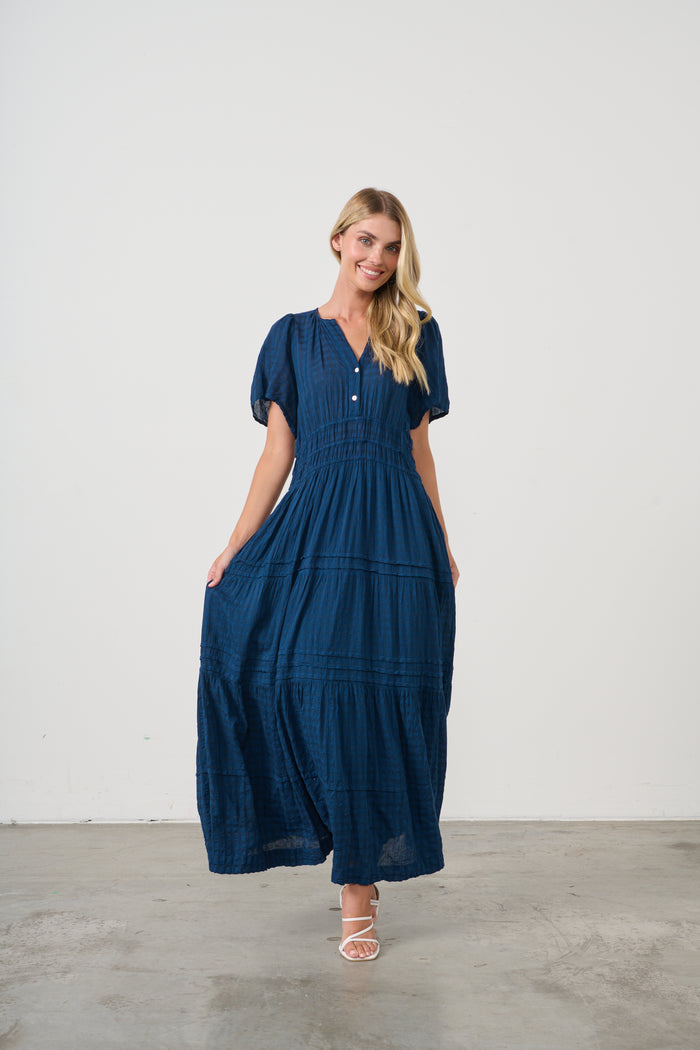 SEERSUCKER DRESS SIDE POCKETS OXFORD BLUE