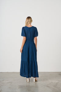 SEERSUCKER DRESS SIDE POCKETS OXFORD BLUE