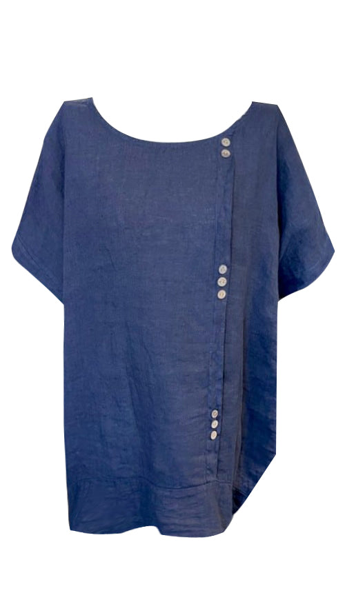 LINEN TEE WITH COCONUT BUTTON DETAIL NAVY