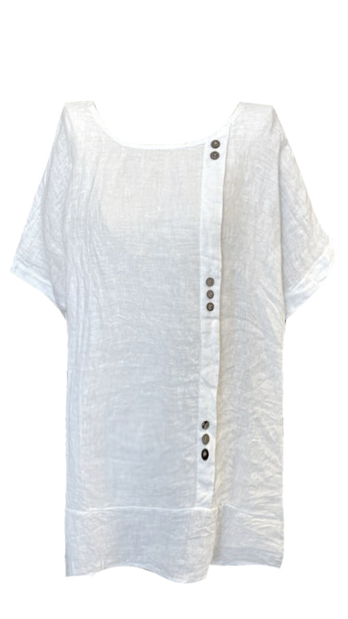 LINEN TEE WITH COCONUT BUTTON DETAIL WHITE