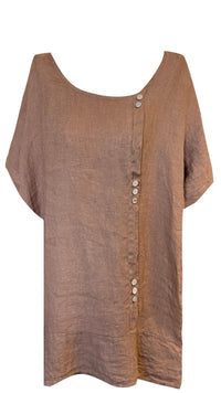 LINEN TEE WITH COCONUT BUTTON DETAIL DARK COFFEE