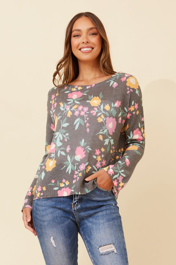 PRINTED SILKY KNIT JUMPER FLORAL MULTI GREY