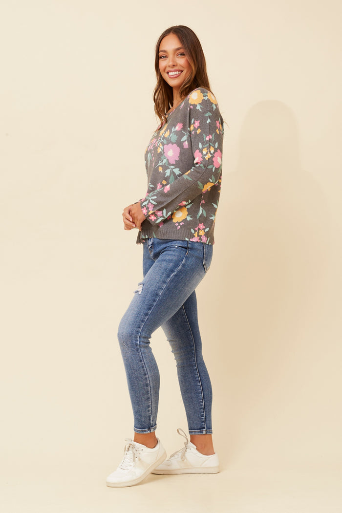 PRINTED SILKY KNIT JUMPER FLORAL MULTI GREY