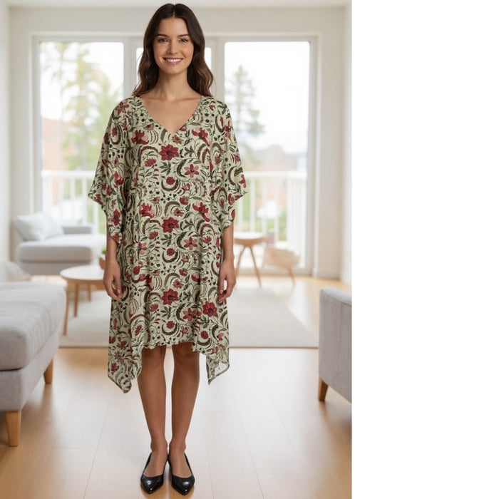 COTTON KAFTAN FERN/RED FLORAL