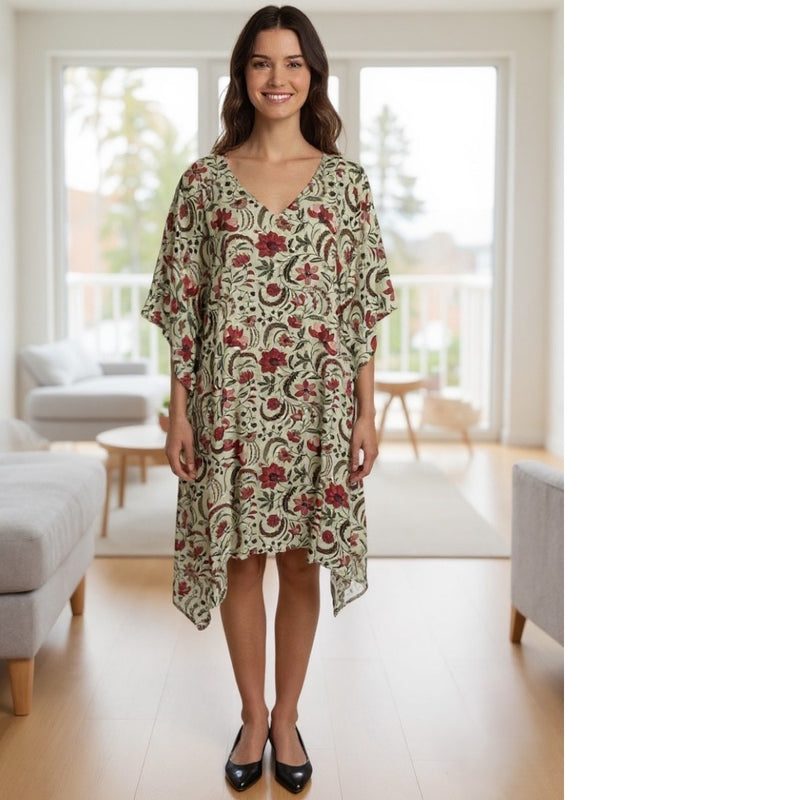 COTTON KAFTAN FERN/RED FLORAL