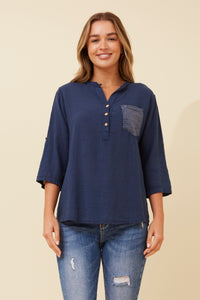 TOP WITH SEQUIN POCKET NAVY