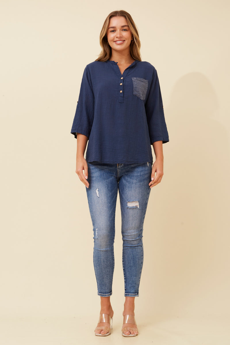 TOP WITH SEQUIN POCKET NAVY