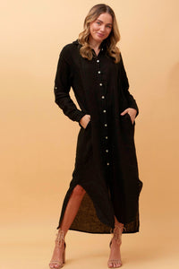 BOTTEGA MODA_BUTTON THROUGH LINEN SHIRT DRESS WITH POCKETS BLACK _ BUTTON THROUGH LINEN SHIRT DRESS WITH POCKETS BLACK _ Ebony Boutique NZ