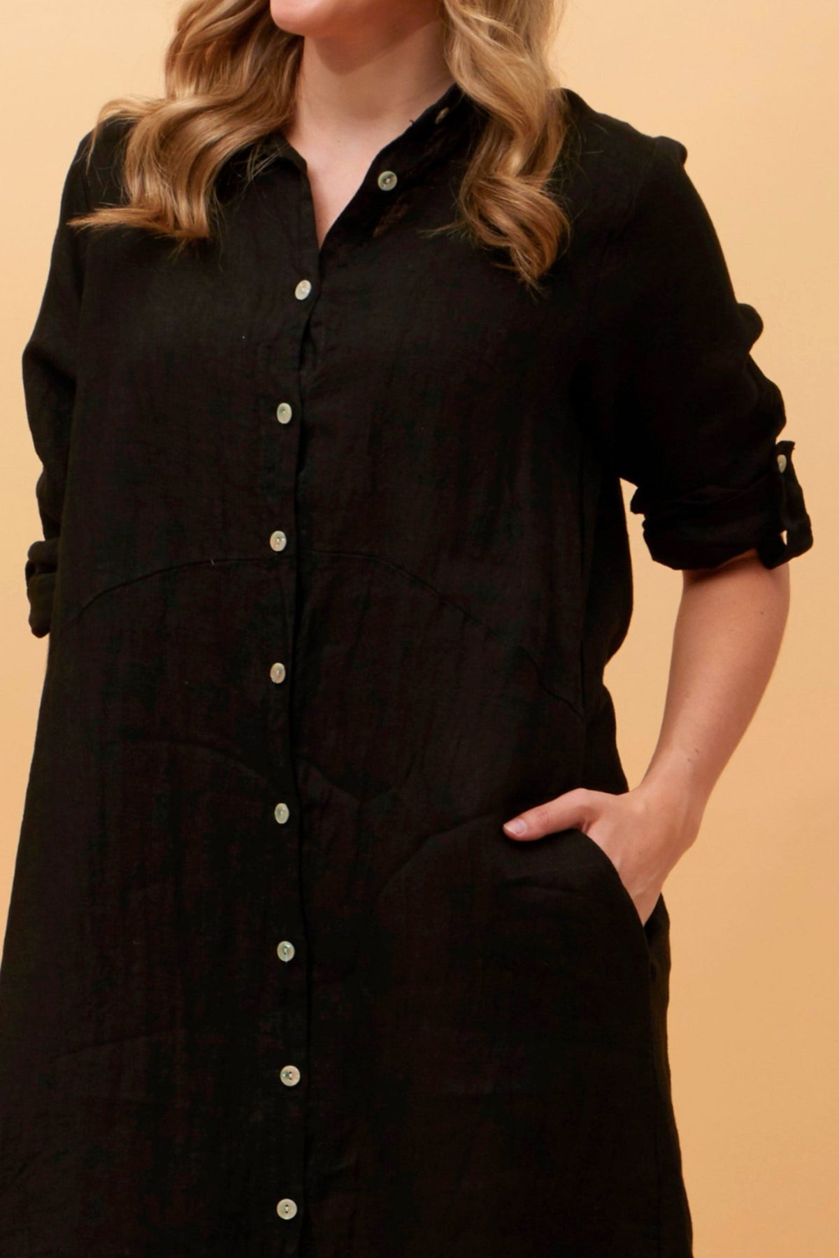 BOTTEGA MODA_BUTTON THROUGH LINEN SHIRT DRESS WITH POCKETS BLACK _ BUTTON THROUGH LINEN SHIRT DRESS WITH POCKETS BLACK _ Ebony Boutique NZ