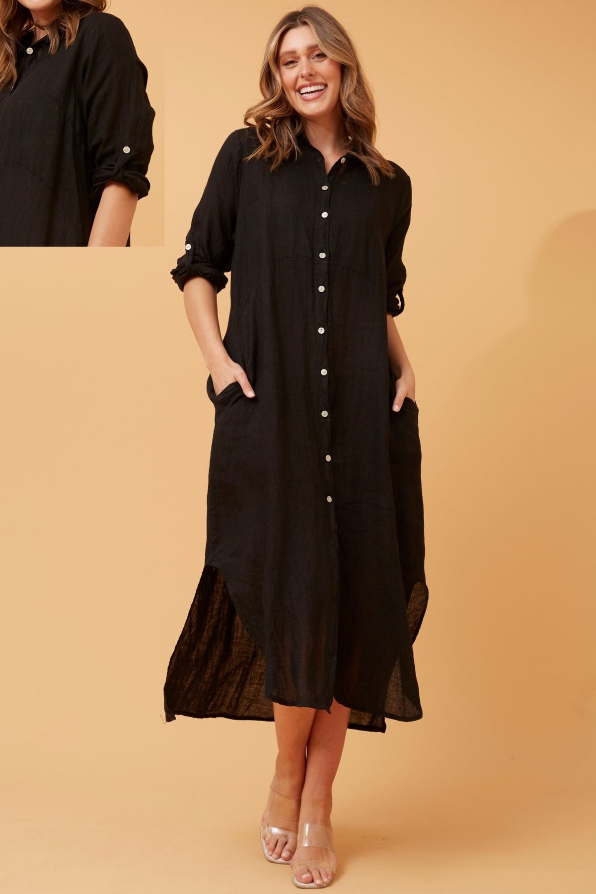 BOTTEGA MODA_BUTTON THROUGH LINEN SHIRT DRESS WITH POCKETS BLACK _ BUTTON THROUGH LINEN SHIRT DRESS WITH POCKETS BLACK _ Ebony Boutique NZ