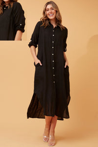 BOTTEGA MODA_BUTTON THROUGH LINEN SHIRT DRESS WITH POCKETS BLACK _ BUTTON THROUGH LINEN SHIRT DRESS WITH POCKETS BLACK _ Ebony Boutique NZ