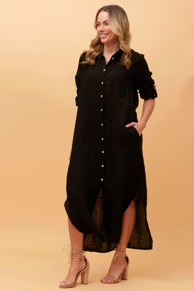 Bottega Moda | Button Through Linen Shirt Dress With Pockets | Black Ebony Boutique NZ Bottega Moda | Button Through Linen Shirt Dress With Pockets | Black Ebony Boutique NZ
