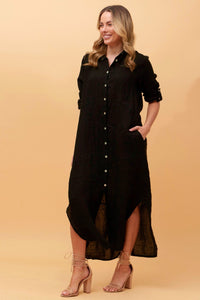 BOTTEGA MODA_BUTTON THROUGH LINEN SHIRT DRESS WITH POCKETS BLACK _ BUTTON THROUGH LINEN SHIRT DRESS WITH POCKETS BLACK _ Ebony Boutique NZ