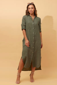 BOTTEGA MODA_BUTTON THROUGH LINEN SHIRT DRESS WITH POCKETS KHAKI _ BUTTON THROUGH LINEN SHIRT DRESS WITH POCKETS KHAKI _ Ebony Boutique NZ