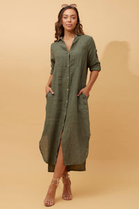 BOTTEGA MODA_BUTTON THROUGH LINEN SHIRT DRESS WITH POCKETS KHAKI _ BUTTON THROUGH LINEN SHIRT DRESS WITH POCKETS KHAKI _ Ebony Boutique NZ