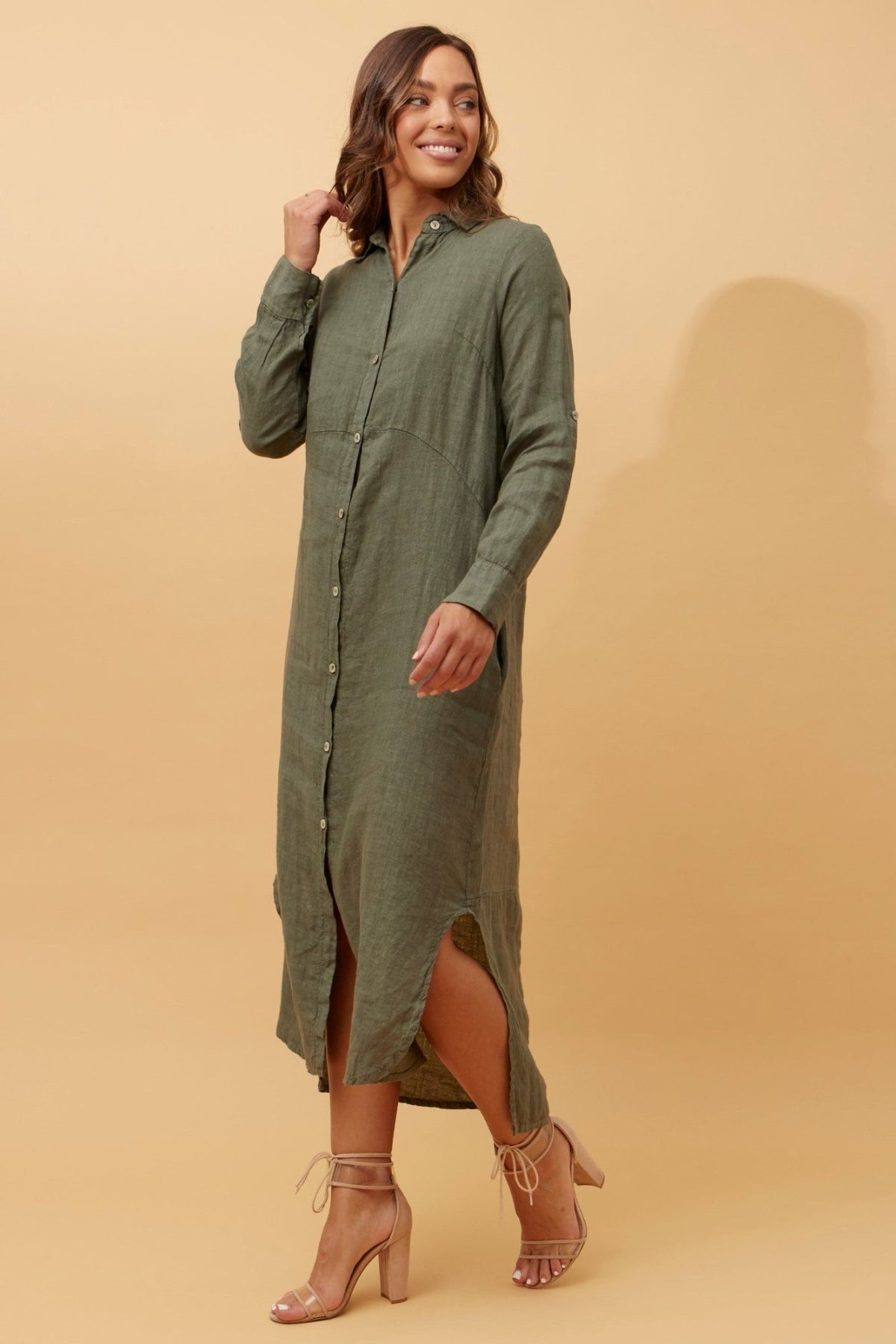 BOTTEGA MODA_BUTTON THROUGH LINEN SHIRT DRESS WITH POCKETS KHAKI _ BUTTON THROUGH LINEN SHIRT DRESS WITH POCKETS KHAKI _ Ebony Boutique NZ