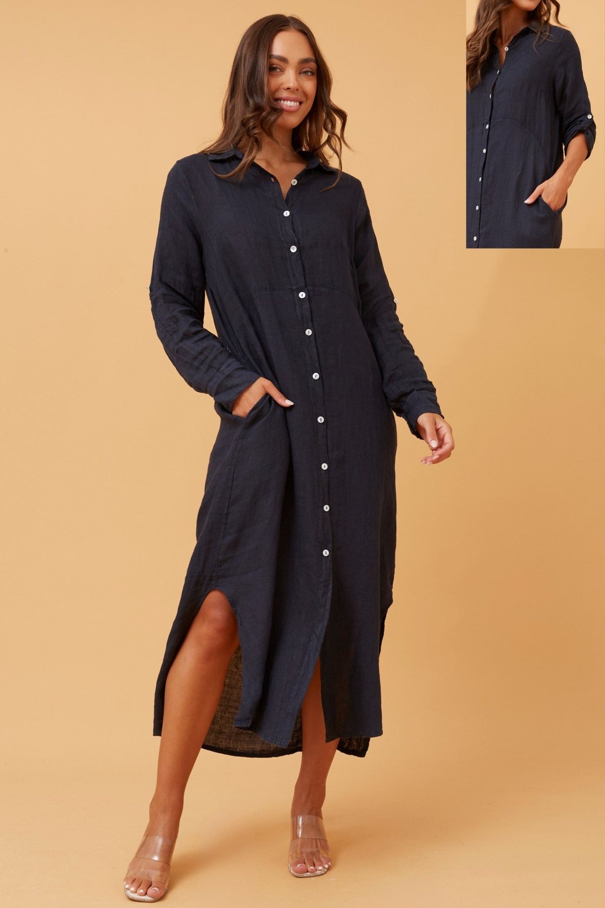 BOTTEGA MODA_BUTTON THROUGH LINEN SHIRT DRESS WITH POCKETS NAVY _ BUTTON THROUGH LINEN SHIRT DRESS WITH POCKETS NAVY _ Ebony Boutique NZ