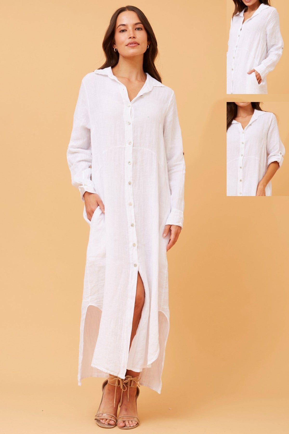 BOTTEGA MODA_BUTTON THROUGH LINEN SHIRT DRESS WITH POCKETS WHITE _ BUTTON THROUGH LINEN SHIRT DRESS WITH POCKETS WHITE _ Ebony Boutique NZ