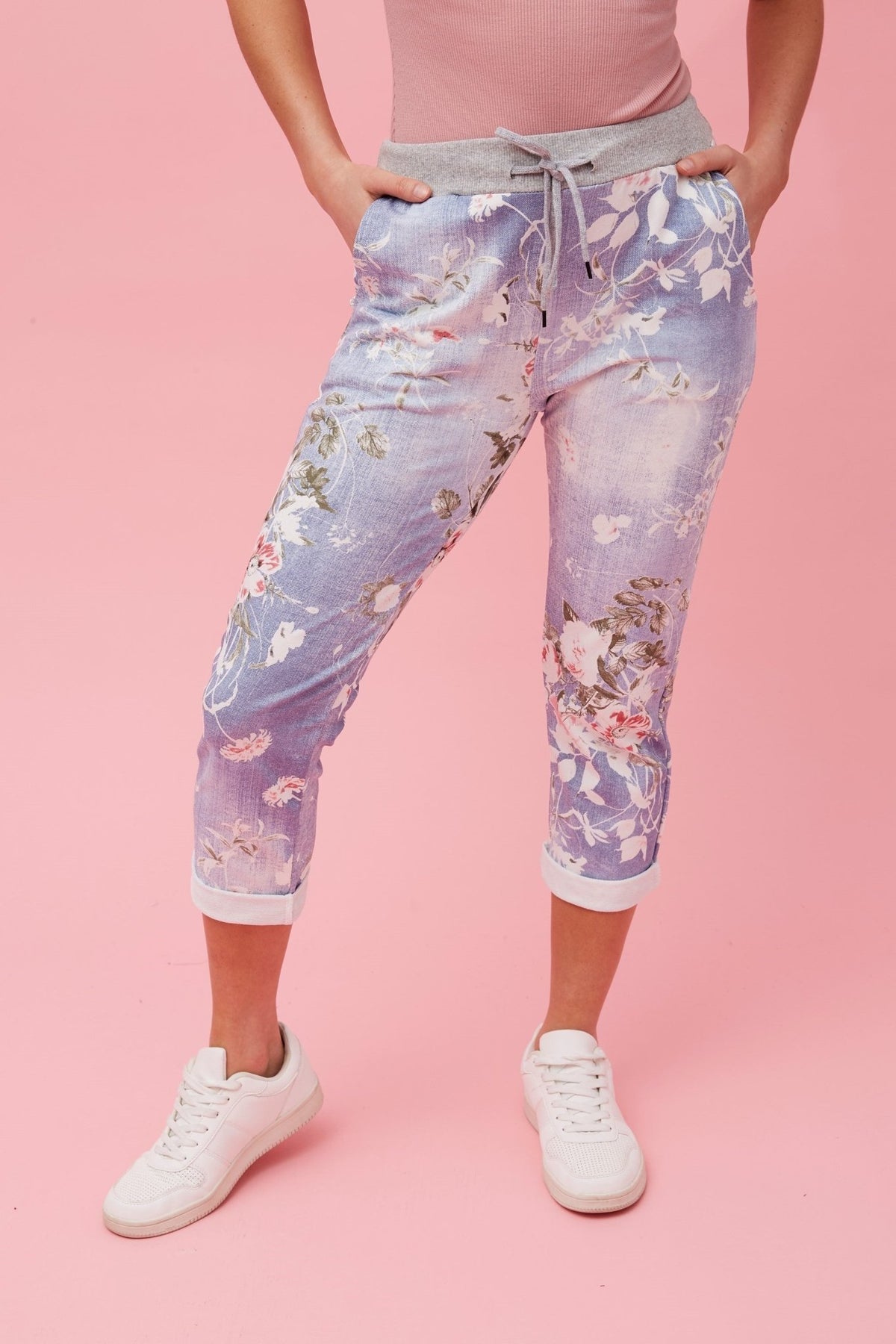 BOTTEGA MODA_COTTON JERSEY WAIST FLORAL PRINT JOGGER PANTS LIGHT DENIM _ COTTON JERSEY WAIST FLORAL PRINT JOGGER PANTS LIGHT DENIM _ Ebony Boutique NZ