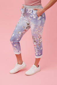 BOTTEGA MODA_COTTON JERSEY WAIST FLORAL PRINT JOGGER PANTS LIGHT DENIM _ COTTON JERSEY WAIST FLORAL PRINT JOGGER PANTS LIGHT DENIM _ Ebony Boutique NZ