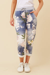 BOTTEGA MODA_COTTON JERSEY WAIST JOGGER DARK DENIM FLORAL _ COTTON JERSEY WAIST JOGGER DARK DENIM FLORAL _ Ebony Boutique NZ