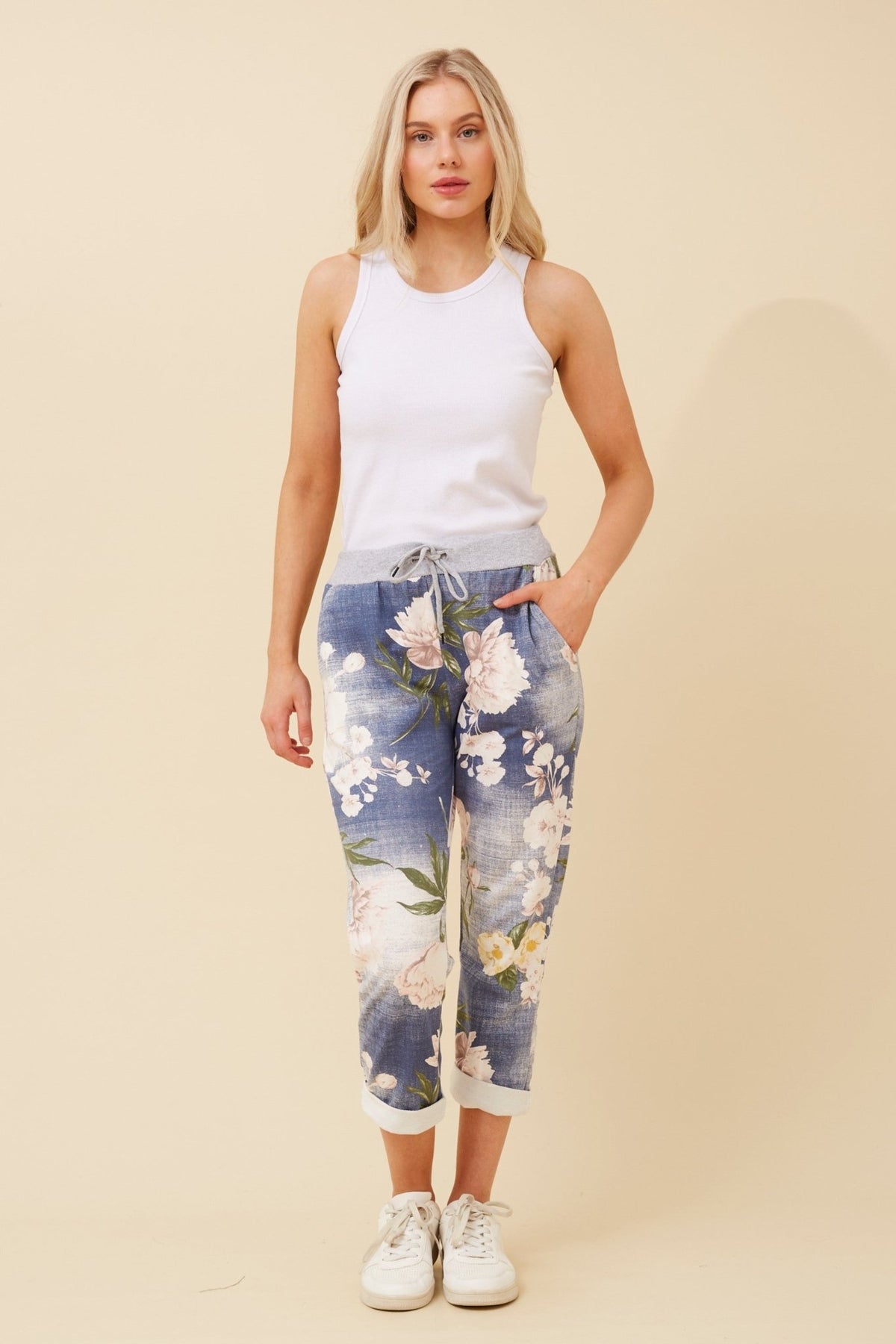 BOTTEGA MODA_COTTON JERSEY WAIST JOGGER DARK DENIM FLORAL _ COTTON JERSEY WAIST JOGGER DARK DENIM FLORAL _ Ebony Boutique NZ