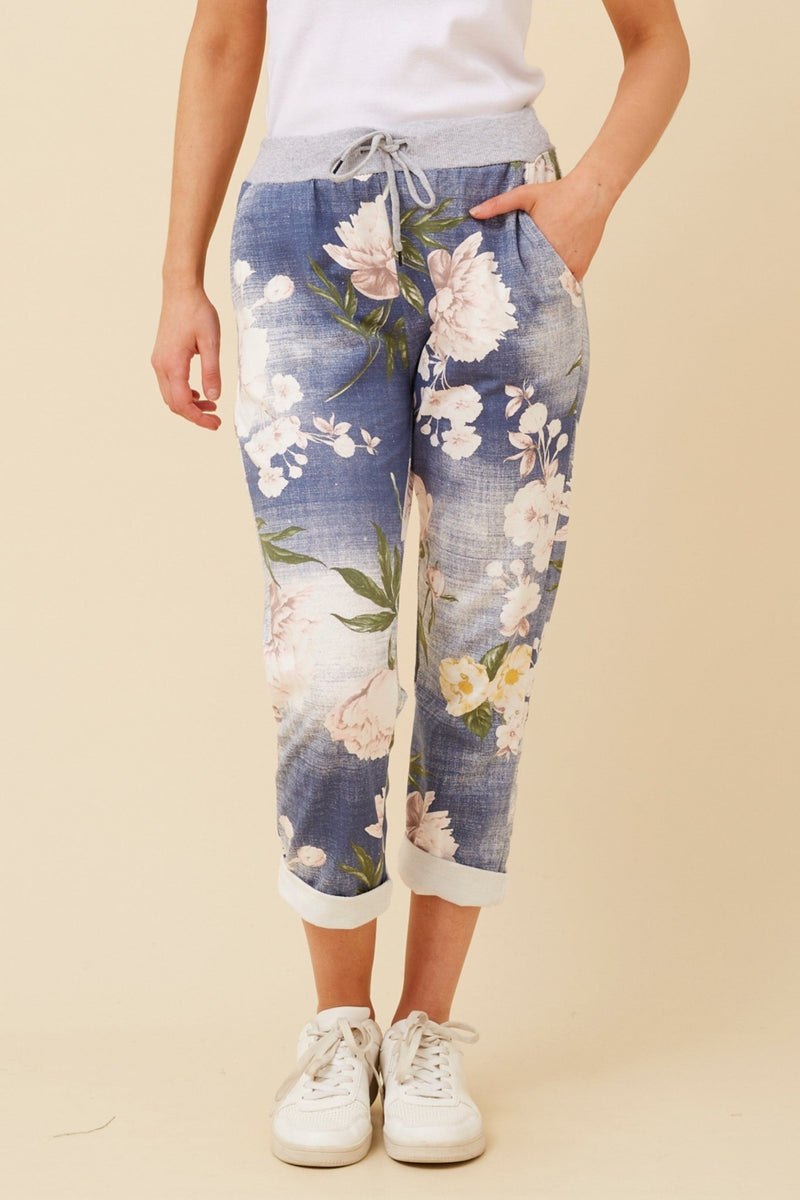 BOTTEGA MODA_COTTON JERSEY WAIST JOGGER DARK DENIM FLORAL _ COTTON JERSEY WAIST JOGGER DARK DENIM FLORAL _ Ebony Boutique NZ