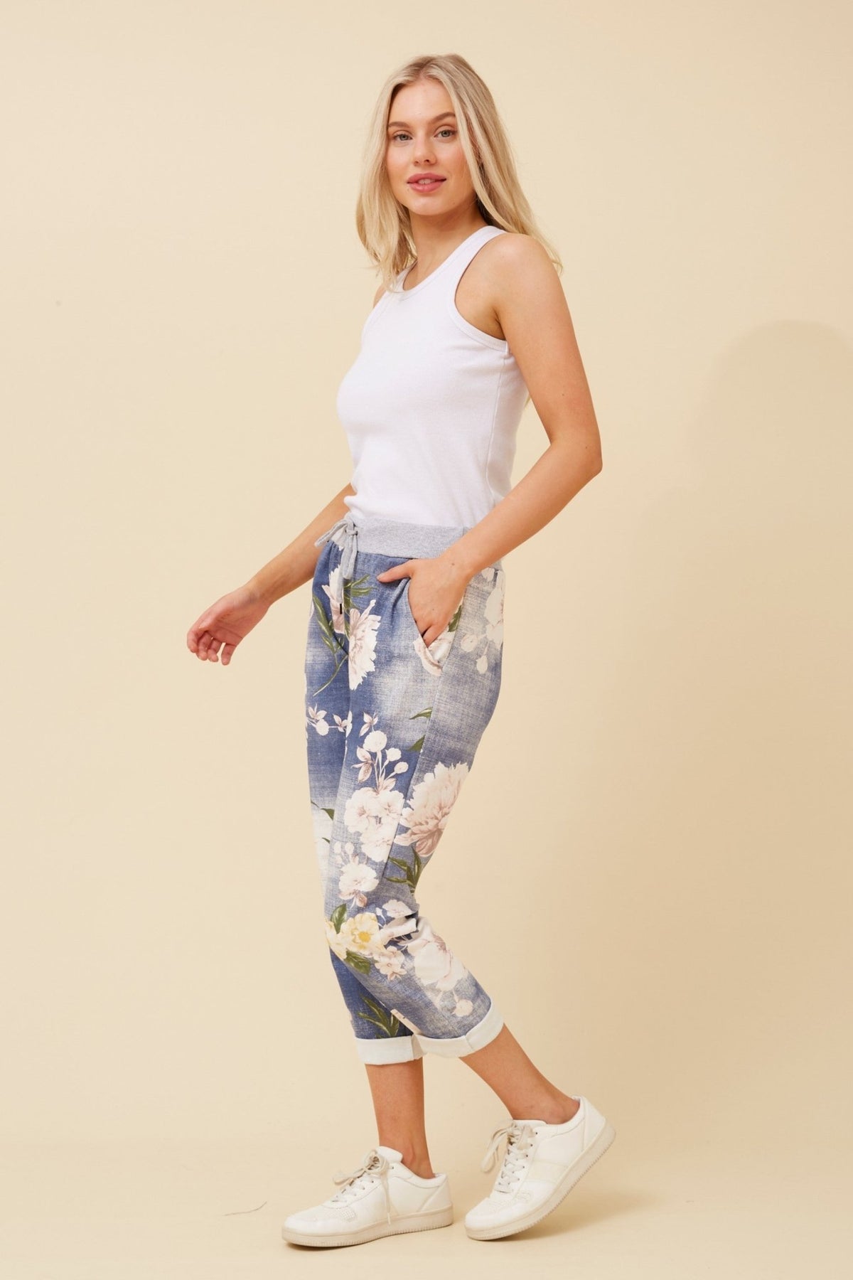 BOTTEGA MODA_COTTON JERSEY WAIST JOGGER DARK DENIM FLORAL _ COTTON JERSEY WAIST JOGGER DARK DENIM FLORAL _ Ebony Boutique NZ