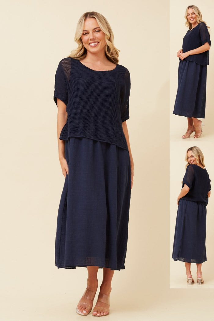 BOTTEGA MODA_COTTON MESH TOP DRESS NAVY _ COTTON MESH TOP DRESS NAVY _ Ebony Boutique NZ