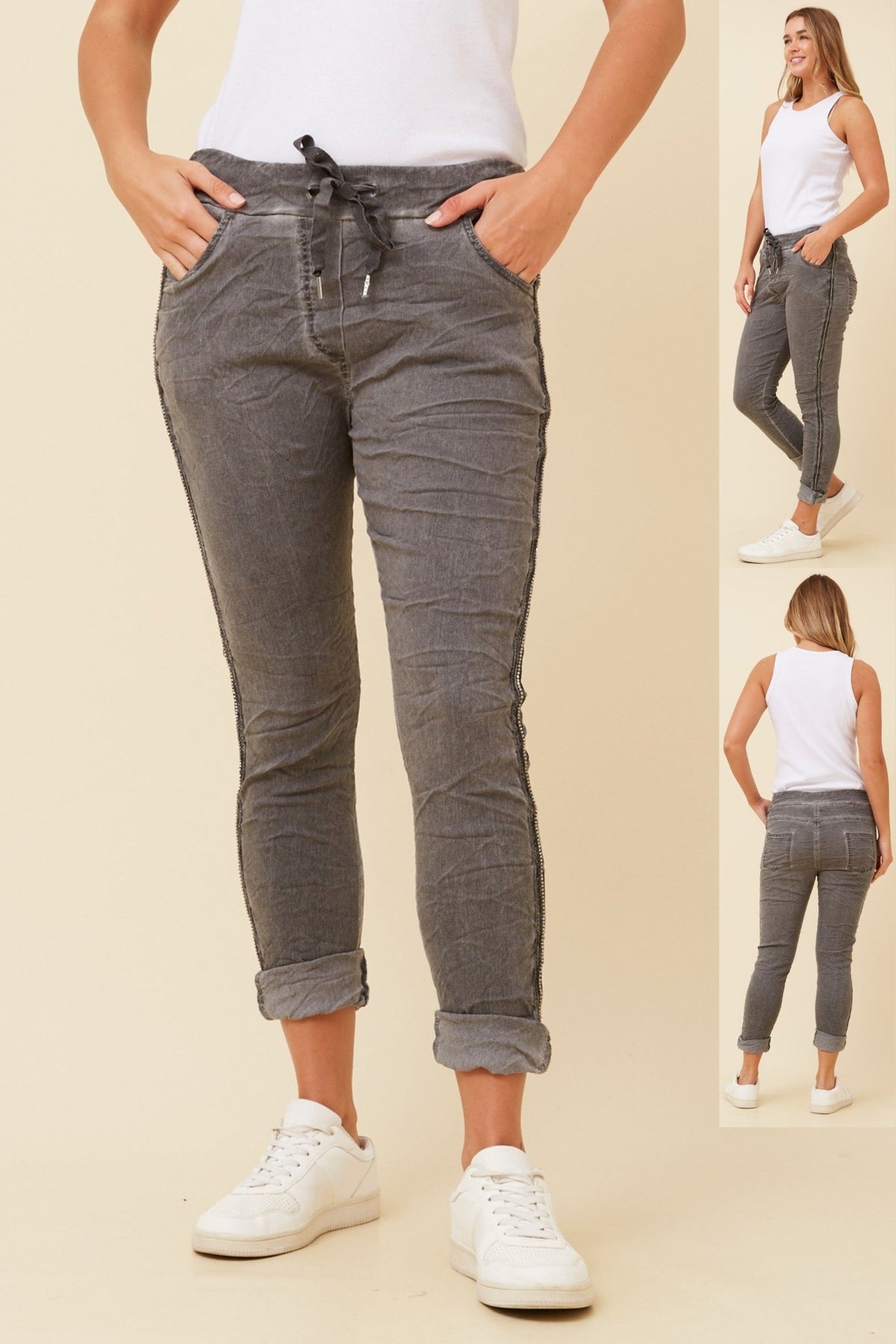 BOTTEGA MODA_DENIM DREAM VINTAGE WASH GLAM JOGGERS DARK GREY _ DENIM DREAM VINTAGE WASH GLAM JOGGERS DARK GREY _ Ebony Boutique NZ