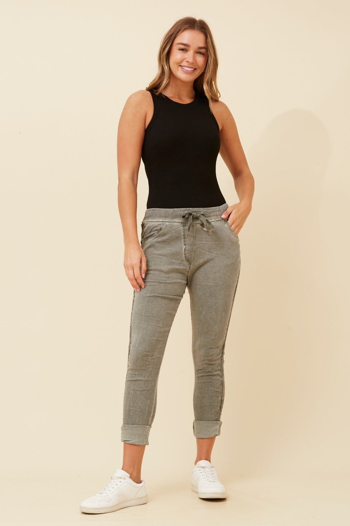 BOTTEGA MODA_DENIM DREAM VINTAGE WASH GLAM JOGGERS SAGE _ DENIM DREAM VINTAGE WASH GLAM JOGGERS SAGE _ Ebony Boutique NZ