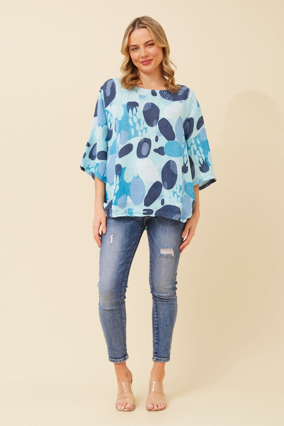 BOTTEGA MODA_DROP SLEEVE COTTON ABSTRACT SPOT TOP MARINE _ DROP SLEEVE COTTON ABSTRACT SPOT TOP MARINE _ Ebony Boutique NZ