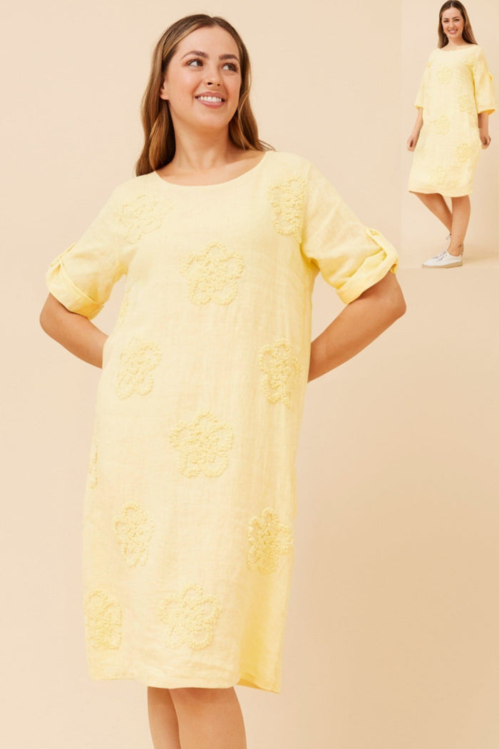 BOTTEGA MODA_EMBROIDERED FLOWER DRESS LINEN _ EMBROIDERED FLOWER DRESS LINEN _ Ebony Boutique NZ
