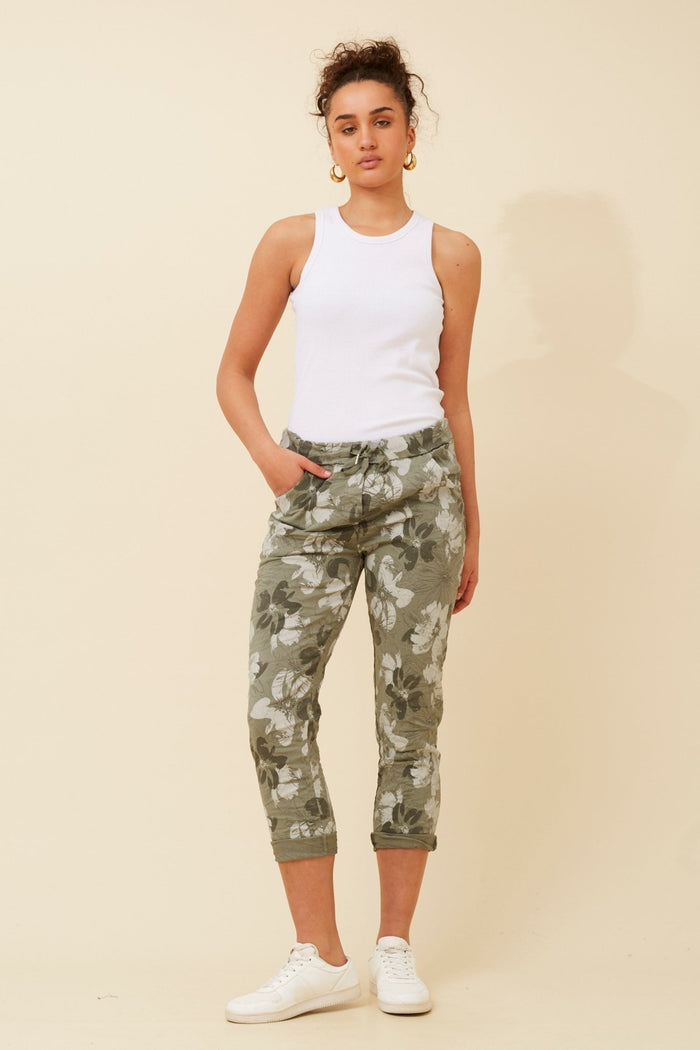 BOTTEGA MODA_FLORAL JOGGER KHAKI _ FLORAL JOGGER KHAKI _ Ebony Boutique NZ