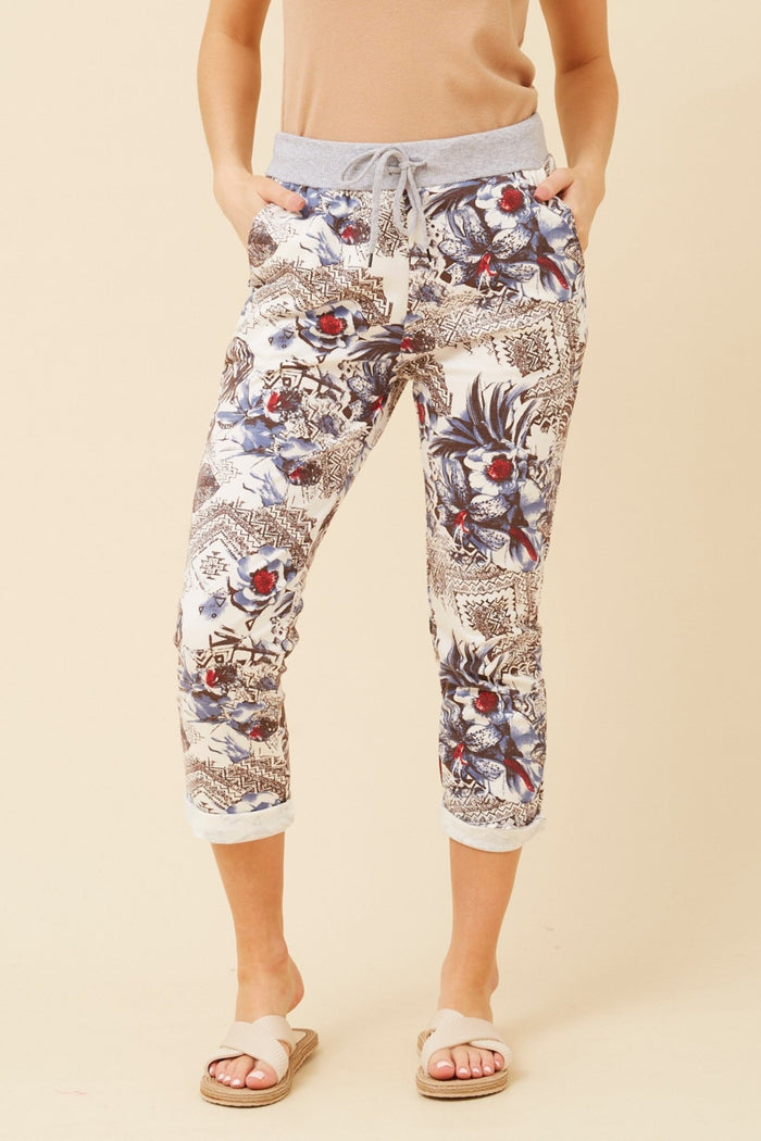 BOTTEGA MODA_FLORAL JOGGERS WHITE RED GREY BLUE _ FLORAL JOGGERS WHITE RED GREY BLUE _ Ebony Boutique NZ