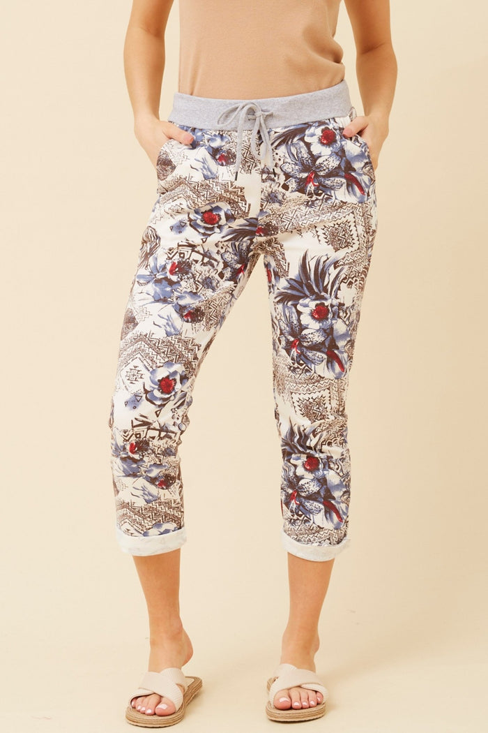 BOTTEGA MODA_FLORAL JOGGERS WHITE RED GREY BLUE _ FLORAL JOGGERS WHITE RED GREY BLUE _ Ebony Boutique NZ