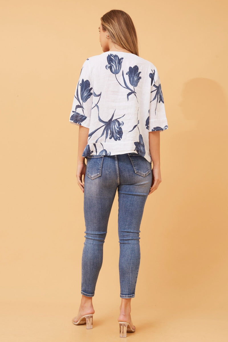 BOTTEGA MODA_FLORAL LINEN BUTTON UP TOP NAVY WHITE _ FLORAL LINEN BUTTON UP TOP NAVY WHITE _ Ebony Boutique NZ