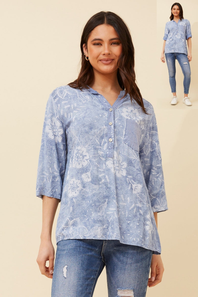 BOTTEGA MODA_FLORAL LINEN HALF BUTTON UP TOP LIGHT BLUE _ FLORAL LINEN HALF BUTTON UP TOP LIGHT BLUE _ Ebony Boutique NZ