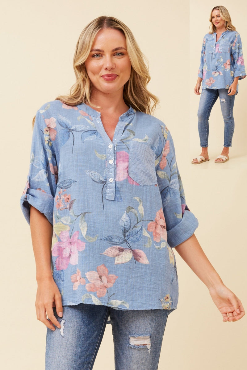 BOTTEGA MODA_FLORAL LINEN HALF BUTTON UP TOP LIGHT DENIM _ FLORAL LINEN HALF BUTTON UP TOP LIGHT DENIM _ Ebony Boutique NZ