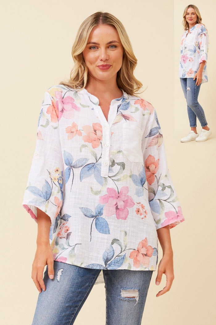 BOTTEGA MODA_FLORAL LINEN HALF BUTTON UP TOP WHITE _ FLORAL LINEN HALF BUTTON UP TOP WHITE _ Ebony Boutique NZ