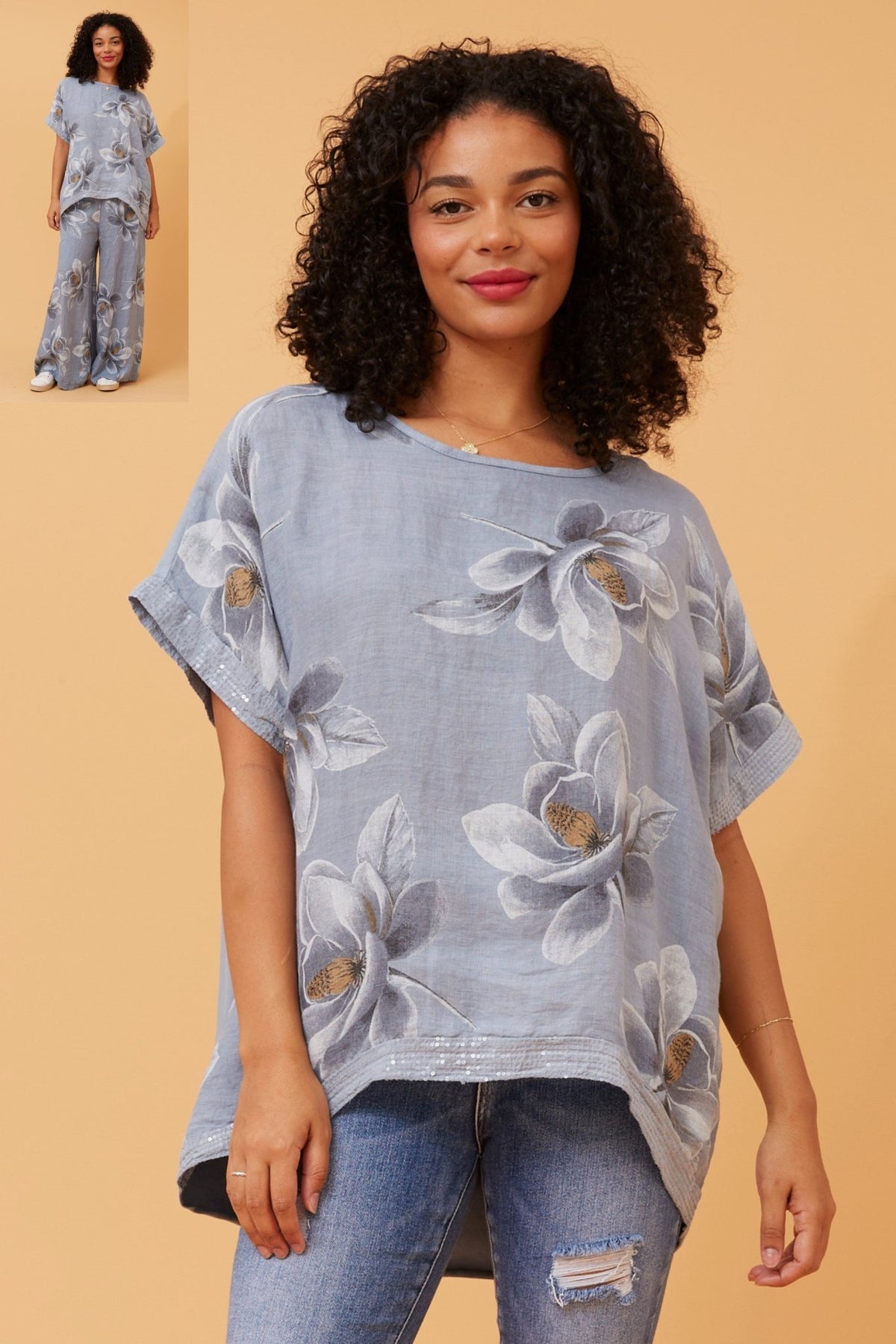 BOTTEGA MODA_FLORAL LINEN OVERSIZED TOP INDIGO _ FLORAL LINEN OVERSIZED TOP INDIGO _ Ebony Boutique NZ