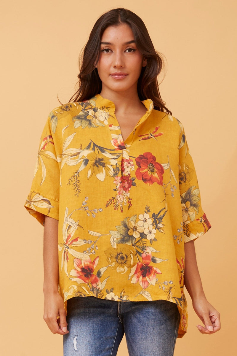 BOTTEGA MODA_FLORAL LINEN QUARTER BUTTON TOP OCHRE _ FLORAL LINEN QUARTER BUTTON TOP OCHRE _ Ebony Boutique NZ