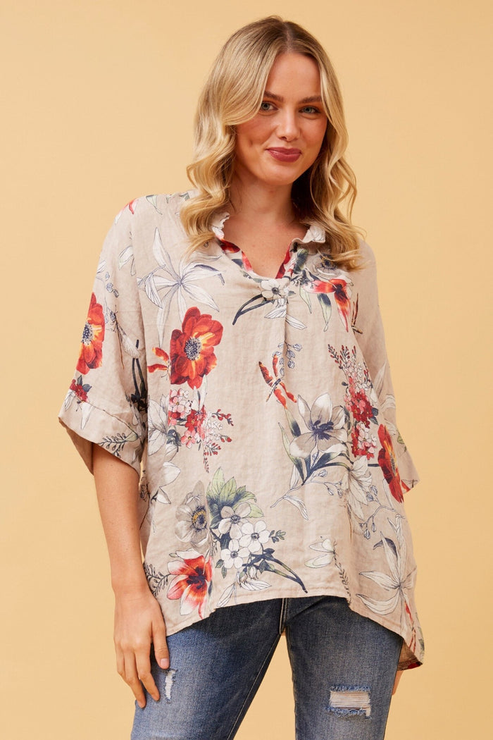 BOTTEGA MODA_FLORAL LINEN QUARTER BUTTON TOP SAND _ FLORAL LINEN QUARTER BUTTON TOP SAND _ Ebony Boutique NZ