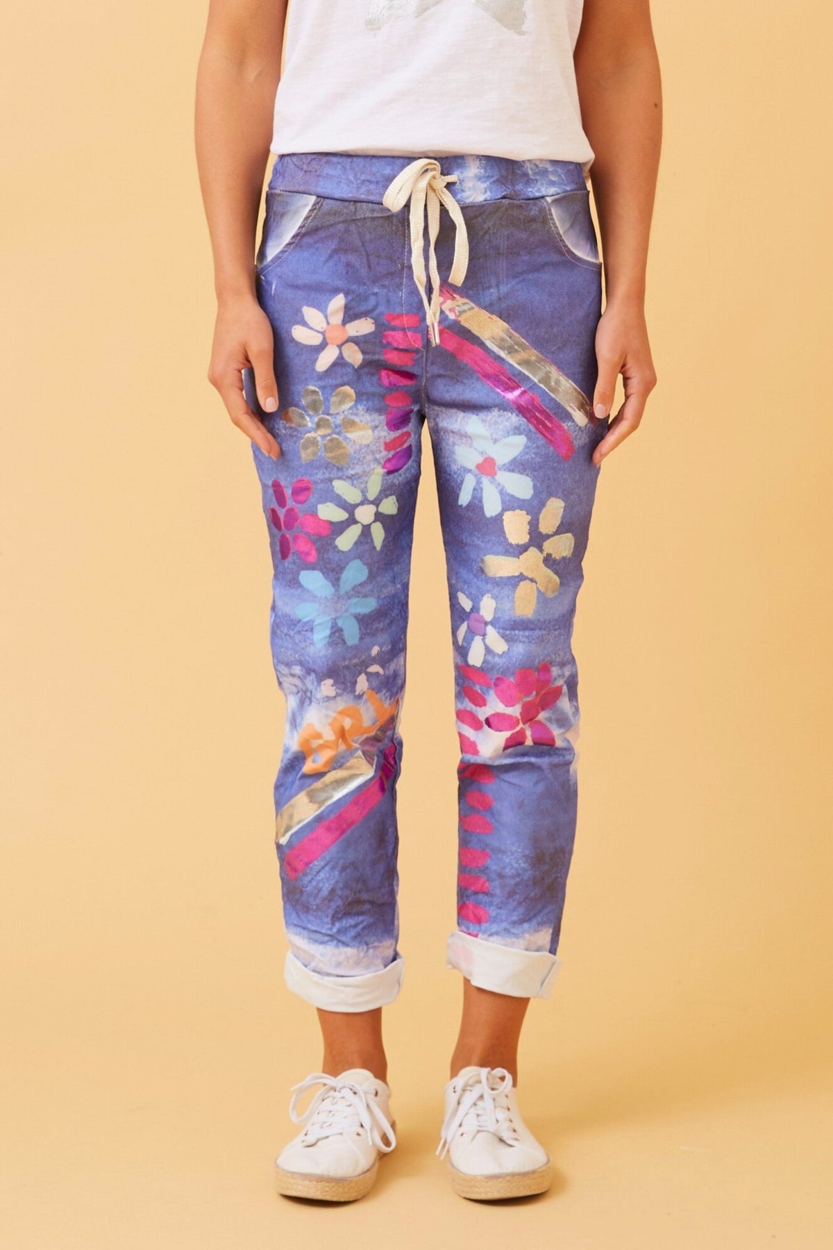 BOTTEGA MODA_FLORAL PAINT PRINT COTTON JOGGERS JERSEY WAIST _ FLORAL PAINT PRINT COTTON JOGGERS JERSEY WAIST _ Ebony Boutique NZ