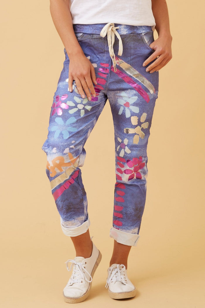 BOTTEGA MODA_FLORAL PAINT PRINT COTTON JOGGERS JERSEY WAIST _ FLORAL PAINT PRINT COTTON JOGGERS JERSEY WAIST _ Ebony Boutique NZ