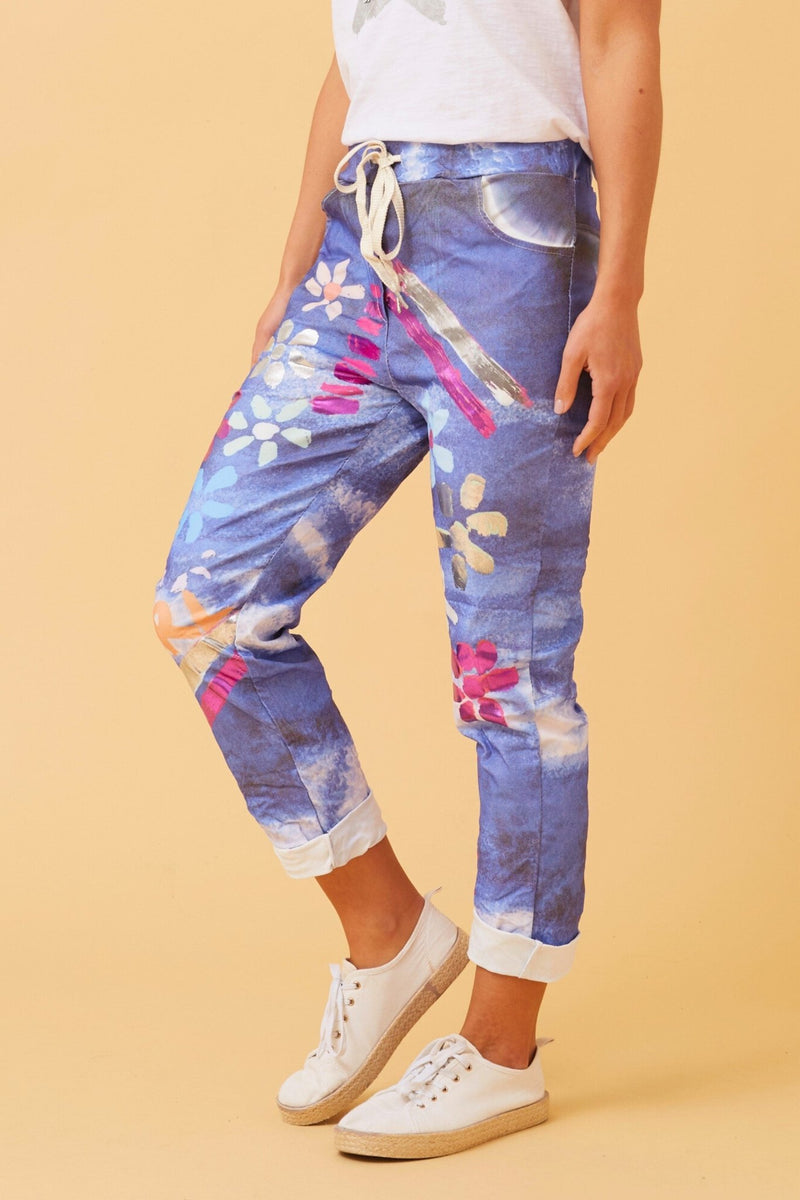 BOTTEGA MODA_FLORAL PAINT PRINT COTTON JOGGERS JERSEY WAIST _ FLORAL PAINT PRINT COTTON JOGGERS JERSEY WAIST _ Ebony Boutique NZ