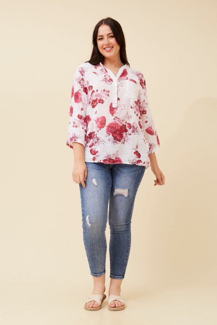 BOTTEGA MODA_FLORAL ROSE SEQUIN POCKET SHIRT WHITE/PINK _ FLORAL ROSE SEQUIN POCKET SHIRT WHITE/PINK _ Ebony Boutique NZ