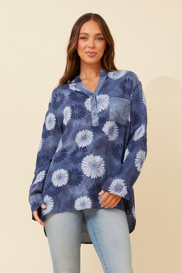 BOTTEGA MODA_FLORAL SEQUIN POCKET LONG SLEEVE SHIRT _ FLORAL SEQUIN POCKET LONG SLEEVE SHIRT _ Ebony Boutique NZ