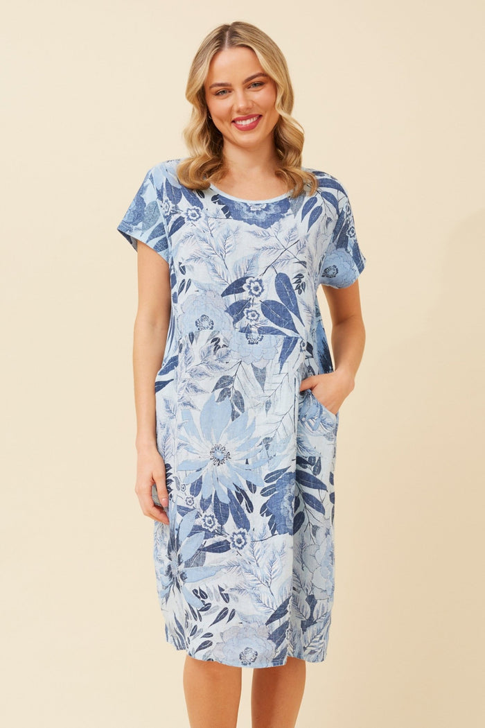 BOTTEGA MODA_FOREST DRESS LINEN WILDFLOWER BLUE _ FOREST DRESS LINEN WILDFLOWER BLUE _ Ebony Boutique NZ