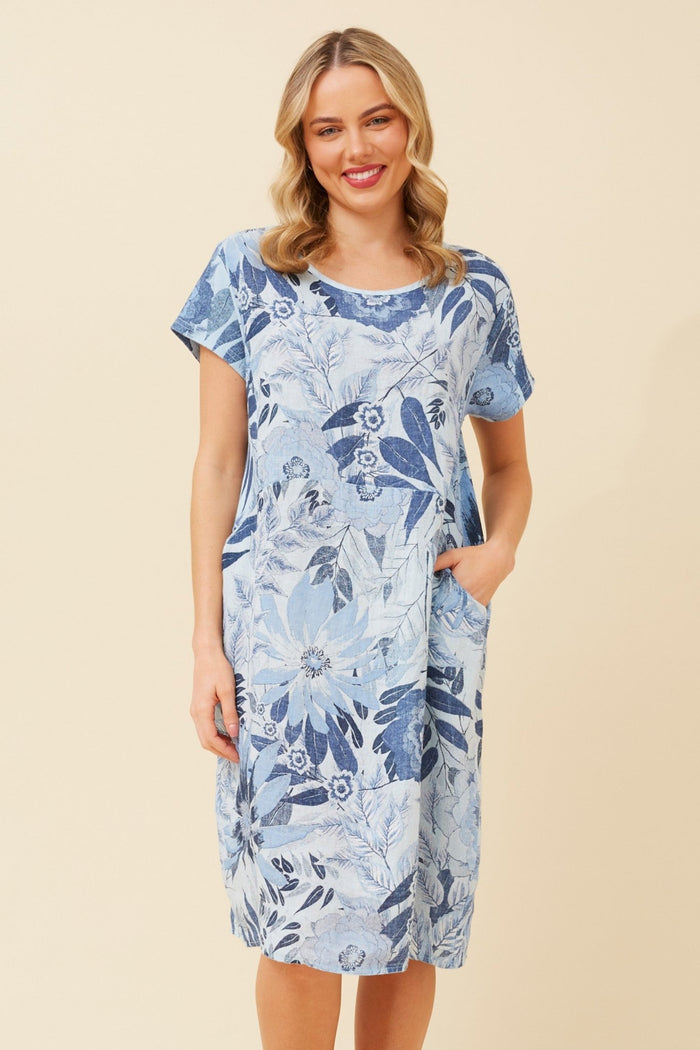 BOTTEGA MODA_FOREST DRESS LINEN WILDFLOWER BLUE _ FOREST DRESS LINEN WILDFLOWER BLUE _ Ebony Boutique NZ